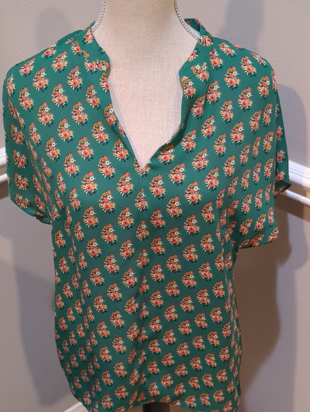 CAbi Teal Green Floral Split-Neck Blouse